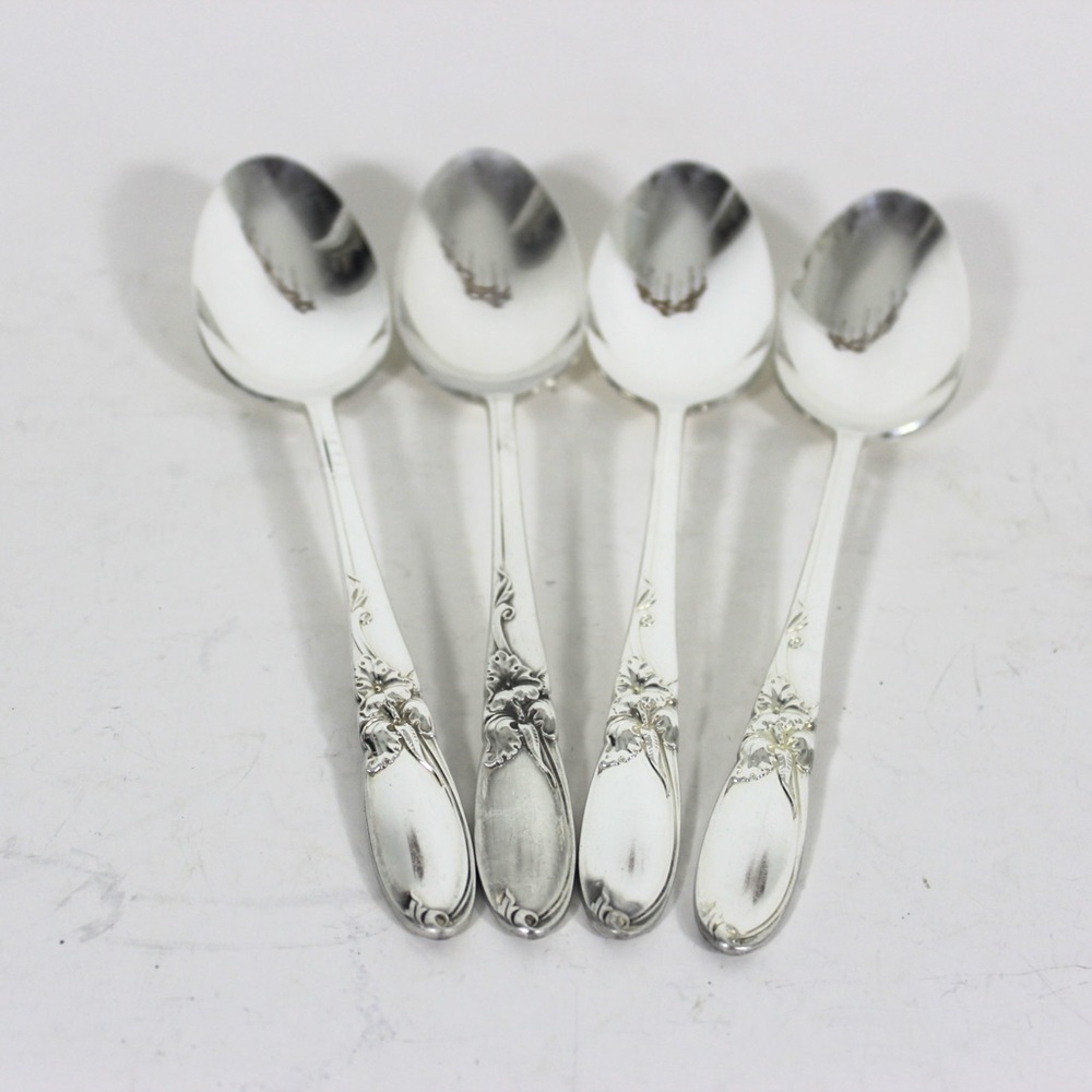 1953 White Orchid Set of 4 Silver Soup/Place/Oval/Table Dessert Spoons, Oneida